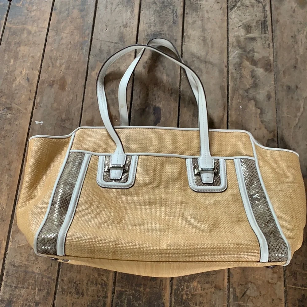 Coach Hamptons Straw Tote Bag White Leather Snakeskin Trim L20740 Tan Summer - Picture 1 of 7